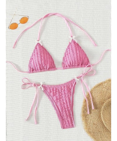 Women's Sexy Lace Striped Solid Swimsuit 2 Piece Halter Triangle Top Ring Linked Bikini Set Pink $17.97 Swimsuits