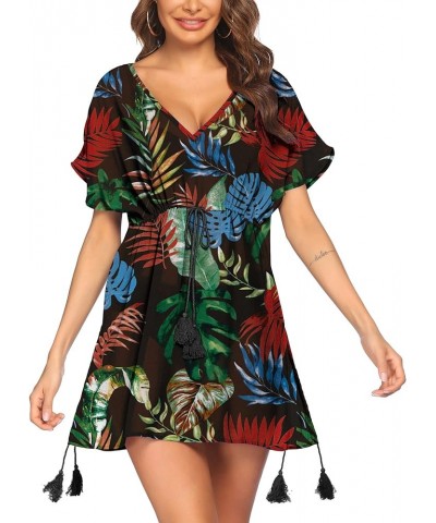 Women Swimsuit Cover Ups Sexy Sheer Chiffon Bikini Bathingsuit Deep V Neck Beachwear Dress Black Leaves $14.74 Swimsuits