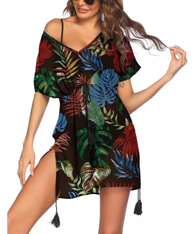 Women Swimsuit Cover Ups Sexy Sheer Chiffon Bikini Bathingsuit Deep V Neck Beachwear Dress Black Leaves $14.74 Swimsuits