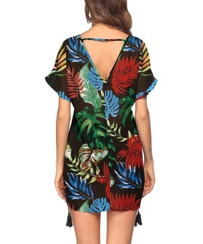 Women Swimsuit Cover Ups Sexy Sheer Chiffon Bikini Bathingsuit Deep V Neck Beachwear Dress Black Leaves $14.74 Swimsuits