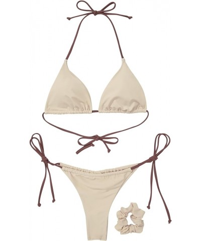 Women String Bikini Set Tie Side Thong Sexy Halter Swimsuits 2 Pieces 25 Beige Brown Color Block $13.05 Swimsuits