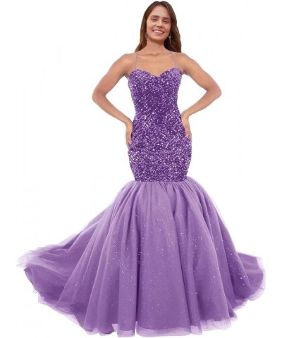 Sparkly Sequin Prom Dresses for Women Long Tulle Halter Ball Gown Sleeveless Mermaid Formal Evening Party Dress Light Purple ...