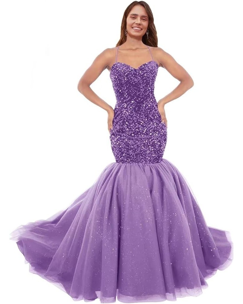 Sparkly Sequin Prom Dresses for Women Long Tulle Halter Ball Gown Sleeveless Mermaid Formal Evening Party Dress Light Purple ...