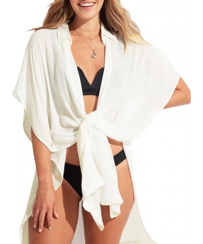 Womens Swimsuit Coverups Beach Swimwear Cover Up Short Sleeve Oversized Loose Button Down Shirt White $13.12 Swimsuits