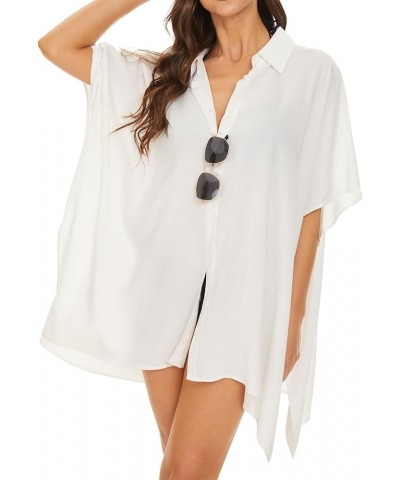 Womens Swimsuit Coverups Beach Swimwear Cover Up Short Sleeve Oversized Loose Button Down Shirt White $13.12 Swimsuits