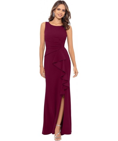 Women's Long Sleeveless Boat Neck Ruffle Side Slit Scuba Crepe Gown Bordeaux $88.60 Dresses