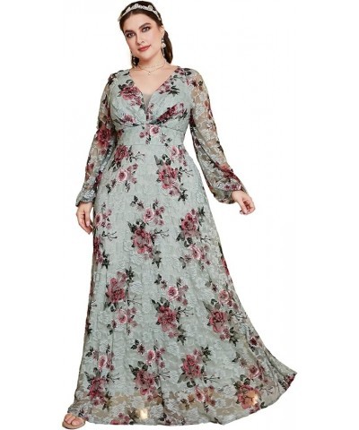 Women's Plus Size Dress V Neck Rose Embroidery Mesh Elegant Formal Maxi Dresses Mint Green Rose $20.50 Dresses