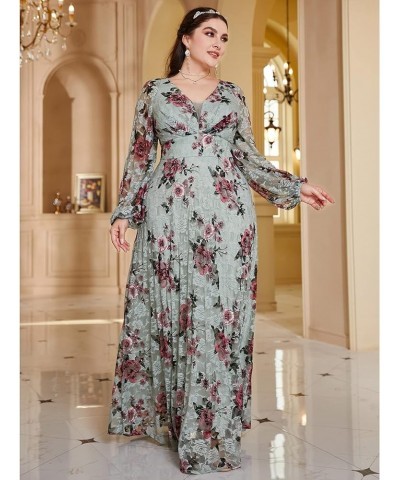 Women's Plus Size Dress V Neck Rose Embroidery Mesh Elegant Formal Maxi Dresses Mint Green Rose $20.50 Dresses