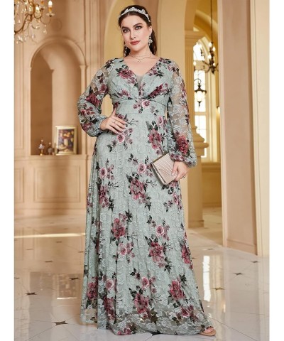 Women's Plus Size Dress V Neck Rose Embroidery Mesh Elegant Formal Maxi Dresses Mint Green Rose $20.50 Dresses