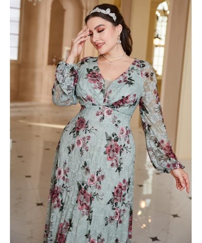 Women's Plus Size Dress V Neck Rose Embroidery Mesh Elegant Formal Maxi Dresses Mint Green Rose $20.50 Dresses