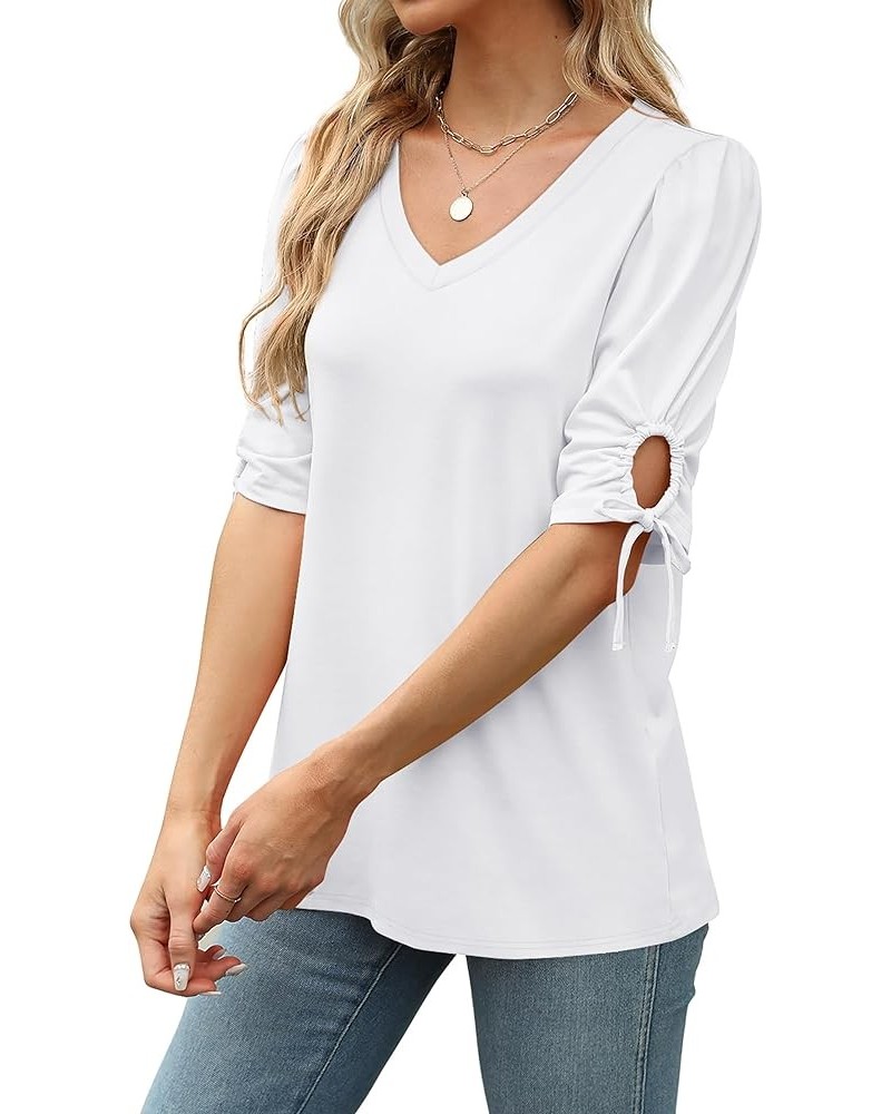 Womens Summer Tops V Neck T Shirts Tie Elbow Sleeve Tops Loose Casual Tshirts 051-white $12.25 T-Shirts