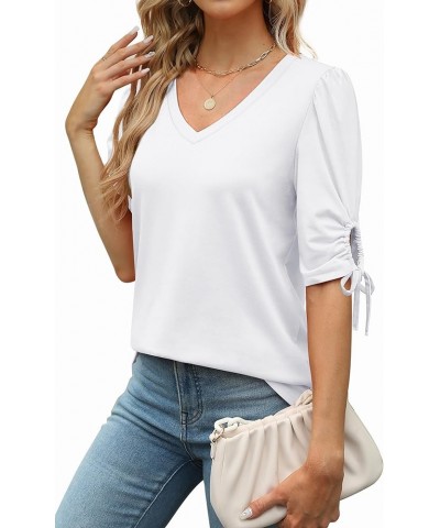 Womens Summer Tops V Neck T Shirts Tie Elbow Sleeve Tops Loose Casual Tshirts 051-white $12.25 T-Shirts