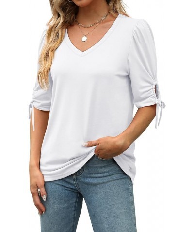 Womens Summer Tops V Neck T Shirts Tie Elbow Sleeve Tops Loose Casual Tshirts 051-white $12.25 T-Shirts