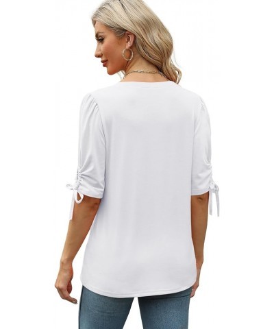 Womens Summer Tops V Neck T Shirts Tie Elbow Sleeve Tops Loose Casual Tshirts 051-white $12.25 T-Shirts