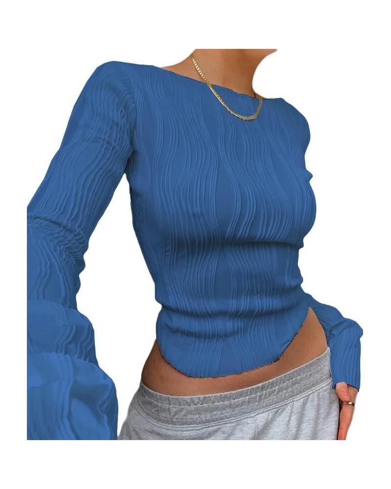 Women's Henley Long Sleeve Shirt Button Down Slim Fit Top Y2K Ribbed Knit Tee Casual Round Neck Blouses A2-blue $7.27 Tops