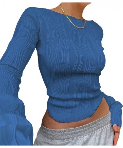 Women's Henley Long Sleeve Shirt Button Down Slim Fit Top Y2K Ribbed Knit Tee Casual Round Neck Blouses A2-blue $7.27 Tops