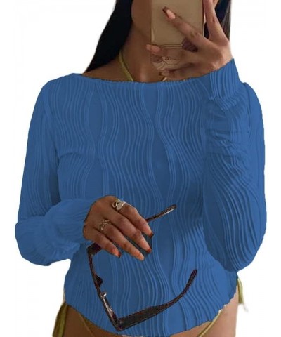 Women's Henley Long Sleeve Shirt Button Down Slim Fit Top Y2K Ribbed Knit Tee Casual Round Neck Blouses A2-blue $7.27 Tops