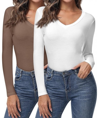 2 Pcs Long Sleeve Top Shirts for Women V Neck Women Slim T Shirts Women's V Neck Long Sleeve Slim Shirts Coffee, White $12.40...