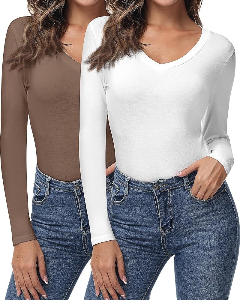 2 Pcs Long Sleeve Top Shirts for Women V Neck Women Slim T Shirts Women's V Neck Long Sleeve Slim Shirts Coffee, White $12.40...