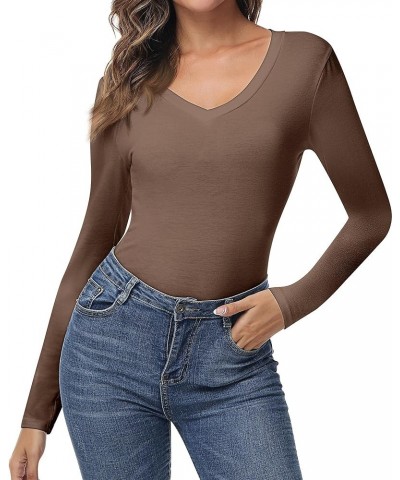 2 Pcs Long Sleeve Top Shirts for Women V Neck Women Slim T Shirts Women's V Neck Long Sleeve Slim Shirts Coffee, White $12.40...