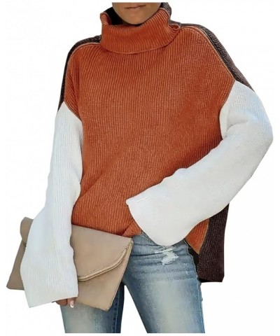 Sweater for Women Turtleneck Colorblock Long Sleeve Loose Knit Sweaters Pullover Casual Sweater Tops A-brown $14.35 Sweaters