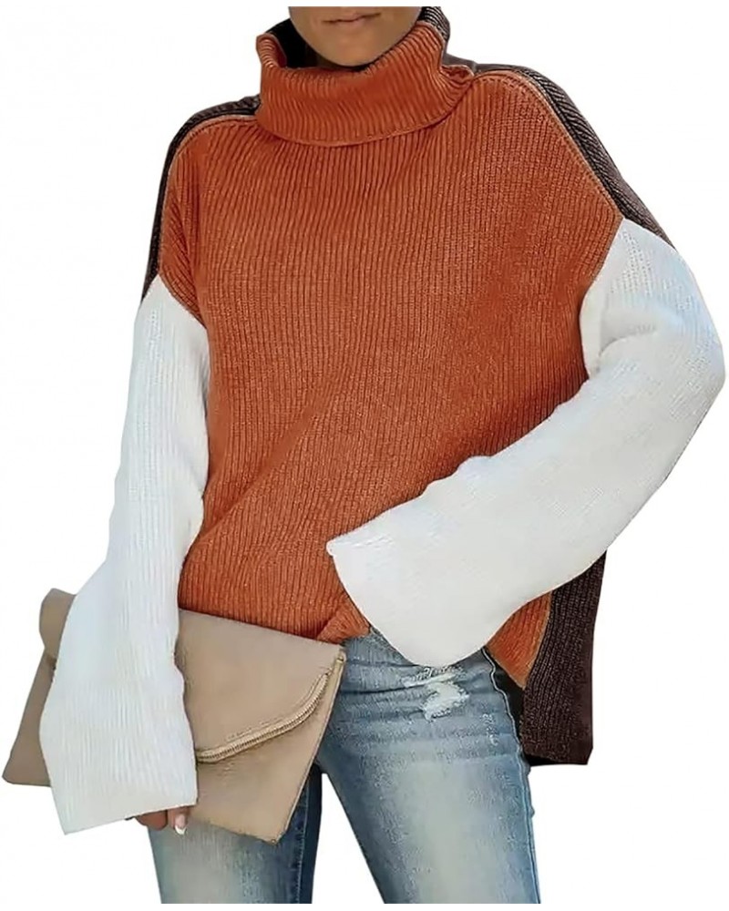 Sweater for Women Turtleneck Colorblock Long Sleeve Loose Knit Sweaters Pullover Casual Sweater Tops A-brown $14.35 Sweaters