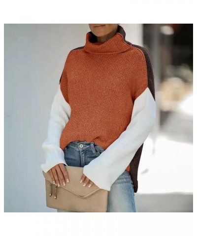 Sweater for Women Turtleneck Colorblock Long Sleeve Loose Knit Sweaters Pullover Casual Sweater Tops A-brown $14.35 Sweaters