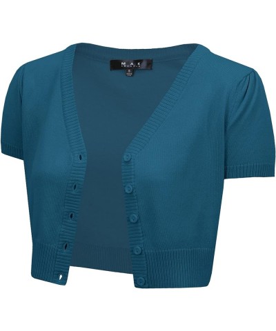 Women's Cropped Bolero Cardigan – Short Sleeve V-Neck Basic Classic Casual Button Down Knit Soft Sweater Top (S-4XL) Teal Blu...