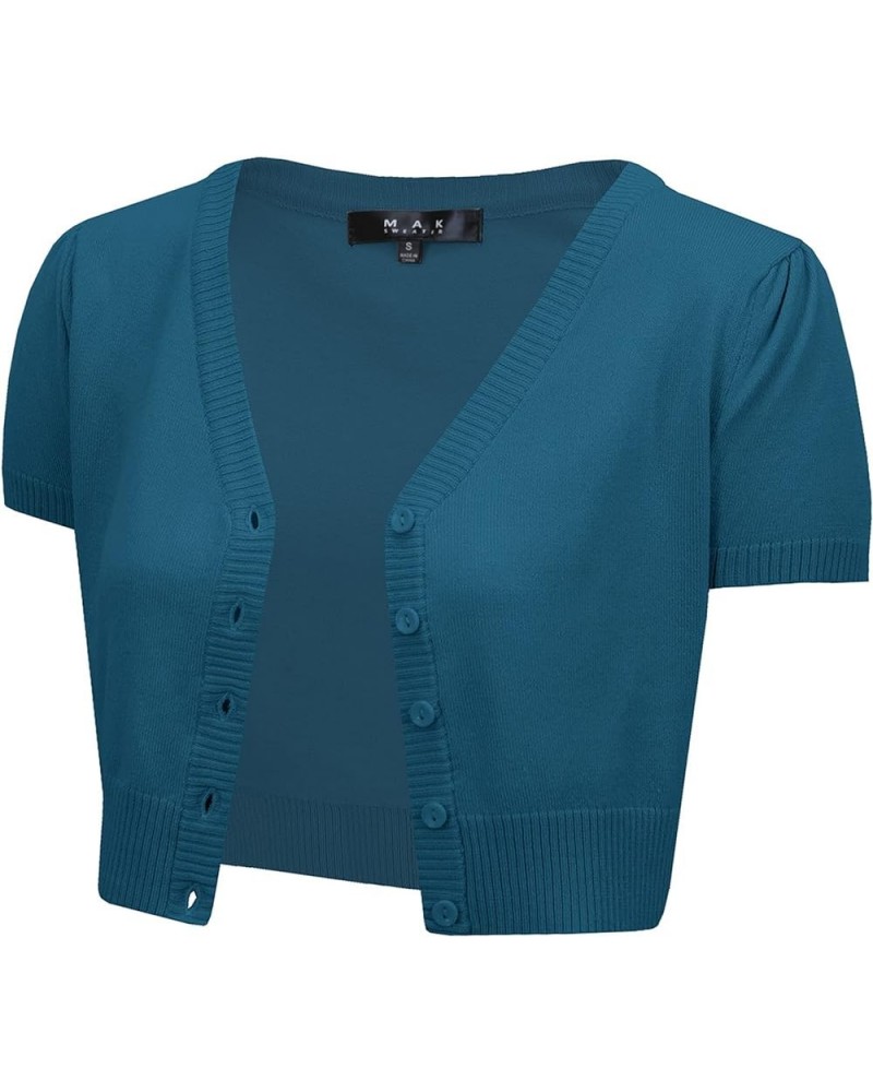 Women's Cropped Bolero Cardigan – Short Sleeve V-Neck Basic Classic Casual Button Down Knit Soft Sweater Top (S-4XL) Teal Blu...