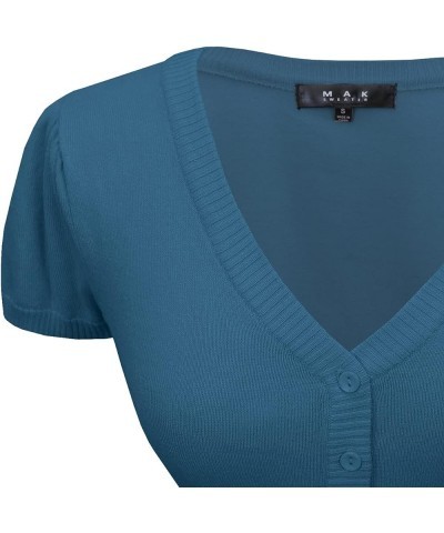 Women's Cropped Bolero Cardigan – Short Sleeve V-Neck Basic Classic Casual Button Down Knit Soft Sweater Top (S-4XL) Teal Blu...