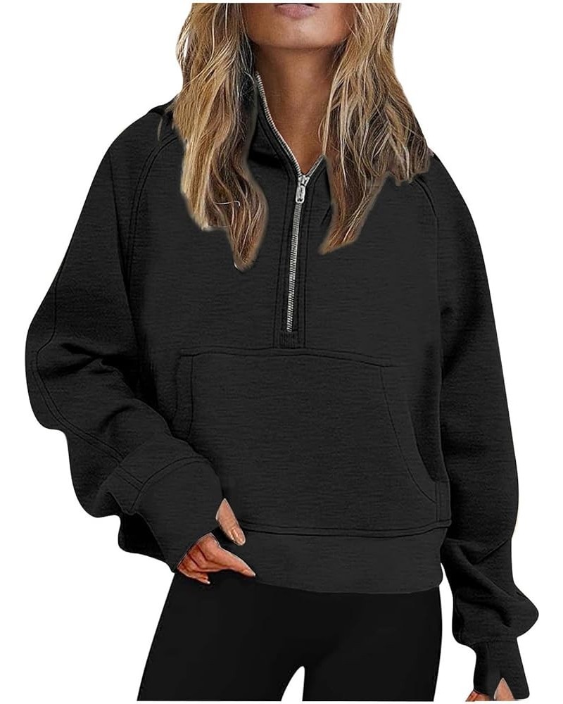 Women Half Zip Hooded Sweatshirt Thumb Hole Hoodie Pullover with Kangaroo Pocket Raglan Sleeve Quarter Zipper Hoodie 03 Black...