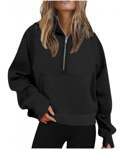 Women Half Zip Hooded Sweatshirt Thumb Hole Hoodie Pullover with Kangaroo Pocket Raglan Sleeve Quarter Zipper Hoodie 03 Black...