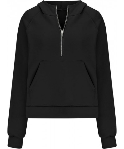 Women Half Zip Hooded Sweatshirt Thumb Hole Hoodie Pullover with Kangaroo Pocket Raglan Sleeve Quarter Zipper Hoodie 03 Black...