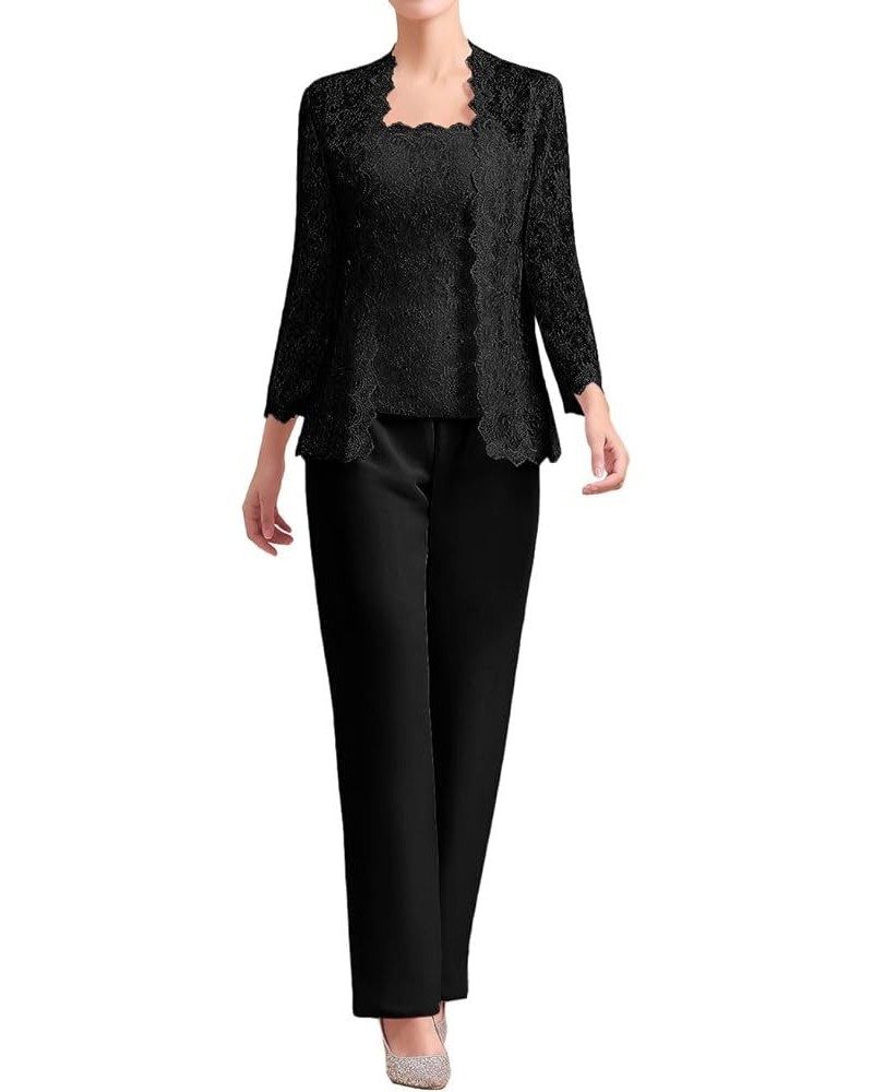 3 Piece Mother of The Bride Pant Suits Sequins Lace Chiffon Wedding Guest Dresses Long Sleeve Square Neck Black $44.04 Suits