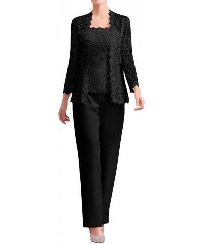 3 Piece Mother of The Bride Pant Suits Sequins Lace Chiffon Wedding Guest Dresses Long Sleeve Square Neck Black $44.04 Suits