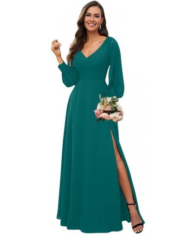 Long Sleeve Bridesmaid Dresses for Wedding Women's V Neck Chiffon Formal Evening Dress with Slit Teal $27.30 Dresses