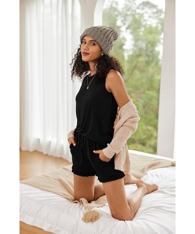 2 Pack Women’s Pajama Set Print Sleepwear Tank Tops and Ruffled Shorts with Pockets Loungewear Outfits S-XXL 1 Pack Black $19...