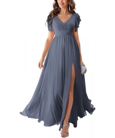 Long Bridesmaid Dresses with Slit Chiffon V Neck Ruffles Sleeves Formal Dress Evening Gown for Weddings Bride Stormy Blue $36...