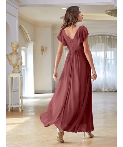 Long Bridesmaid Dresses with Slit Chiffon V Neck Ruffles Sleeves Formal Dress Evening Gown for Weddings Bride Stormy Blue $36...