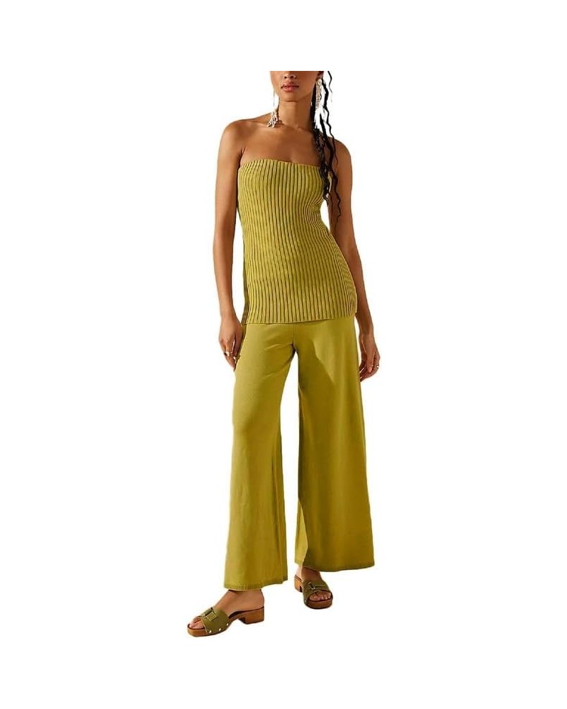 Women Y2k 2 Piece Pants Sets Off Shoulder Strapless Tube Tops Wide Leg Long Trousers Stretchy Two Piece Outfit H-yellow Eight...