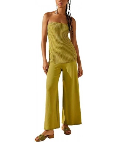 Women Y2k 2 Piece Pants Sets Off Shoulder Strapless Tube Tops Wide Leg Long Trousers Stretchy Two Piece Outfit H-yellow Eight...