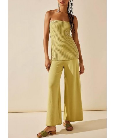 Women Y2k 2 Piece Pants Sets Off Shoulder Strapless Tube Tops Wide Leg Long Trousers Stretchy Two Piece Outfit H-yellow Eight...