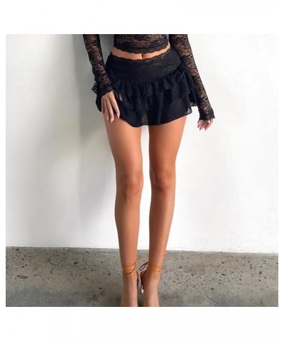 Women Ruffle Lace Mini Skirt Y2k Low Rise Layered Skater Skirts Floral Lace A Line Short Skirt Streetwear Black 24 $11.01 Skirts