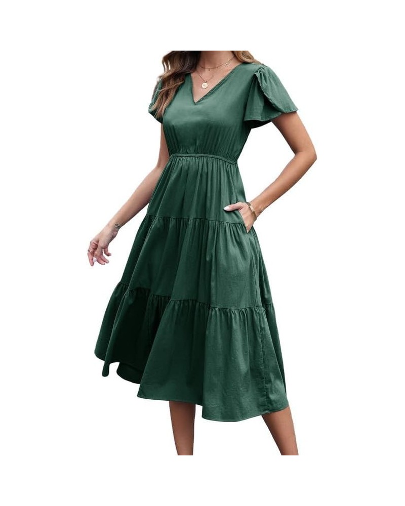 Dresses for Women 2024 Casual Bell Sleeve V Neck Summer Dress Flowy Midi Tiered Cocktail Dresses with Pocket Blackish Green $...