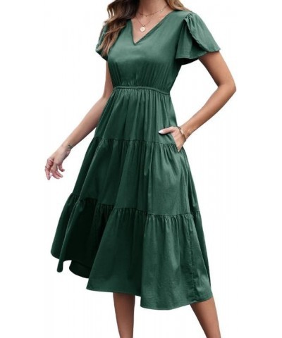 Dresses for Women 2024 Casual Bell Sleeve V Neck Summer Dress Flowy Midi Tiered Cocktail Dresses with Pocket Blackish Green $...