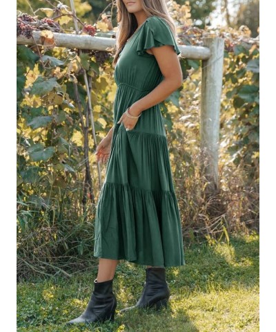 Dresses for Women 2024 Casual Bell Sleeve V Neck Summer Dress Flowy Midi Tiered Cocktail Dresses with Pocket Blackish Green $...