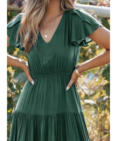 Dresses for Women 2024 Casual Bell Sleeve V Neck Summer Dress Flowy Midi Tiered Cocktail Dresses with Pocket Blackish Green $...