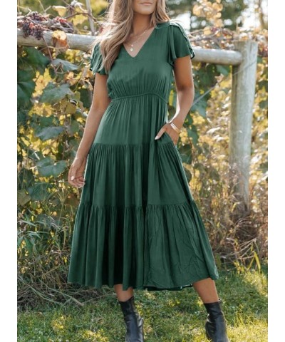 Dresses for Women 2024 Casual Bell Sleeve V Neck Summer Dress Flowy Midi Tiered Cocktail Dresses with Pocket Blackish Green $...