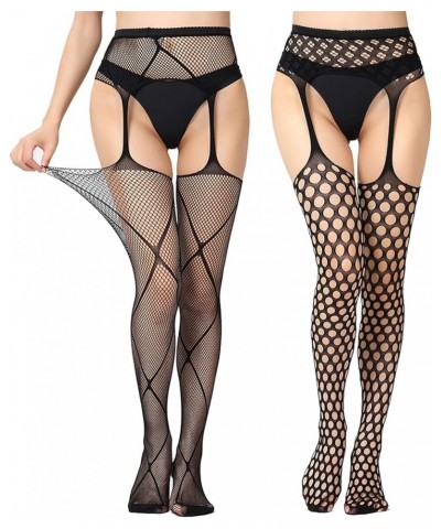 High Waist Fishnet Tights Thigh High Stockings Suspender Pantyhose Black Suspender 2 Pairs B $7.69 Socks