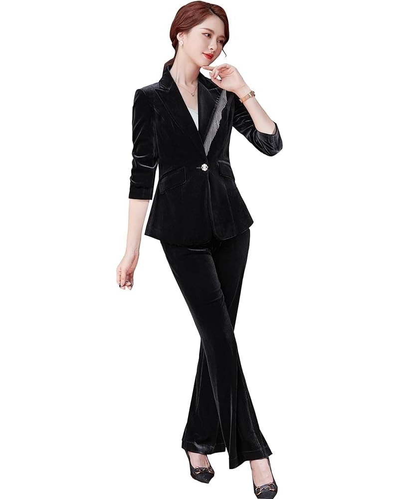 Women's Business Blazer Pant Suit Set for Work Velvet Long Sleeves Suits 90-black $30.55 Suits